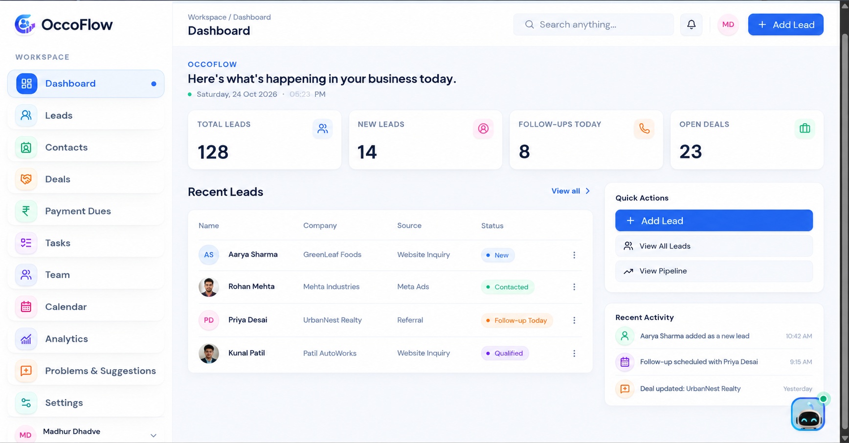 Occo Flow Executive Business CRM & Daily Overview Dashboard Interface